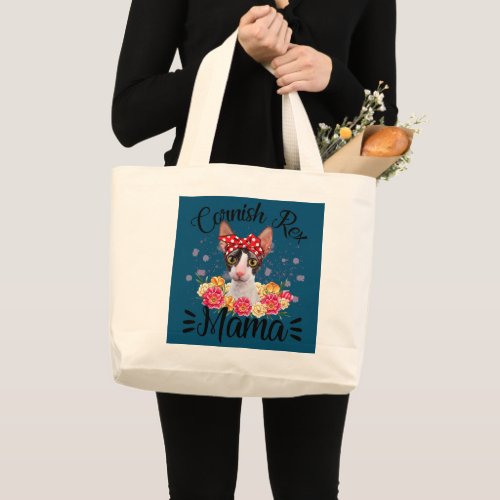 Cute Cornish Rex Mama Flower Graphic Cat Lover Large Tote Bag