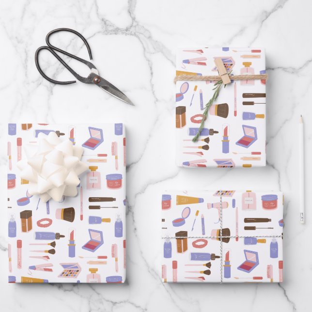 Cute Cosmetic Makeup Pattern Wrapping Paper Sheets (Front)