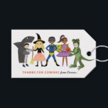 Cute Costumes Halloween Birthday Treats Favor Gift Tags<br><div class="desc">These fun Halloween birthday favor tags feature 5 kids dressed in costumes - a shark,  witch,  superhero,  ballerina princess,  and dinosaur! Two text templates are included for easy personalization! Perfect for a Halloween birthday party or for attaching to candy gift bags for trick-or-treat!</div>