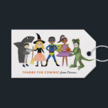 Cute Costumes Halloween Birthday Treats Favor Gift Tags<br><div class="desc">These fun Halloween birthday favor tags feature 5 kids dressed in costumes - a shark,  witch,  superhero,  ballerina princess,  and dinosaur! Two text templates are included for easy personalization! Perfect for a Halloween birthday party or for attaching to candy gift bags for trick-or-treat!</div>