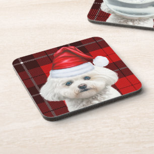 Cute Coton de Tulear Dog Red Holiday Plaid Beverage Coaster