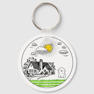 *Cute Cottage & Puppy with Smiling Sun – Circular  Keychain