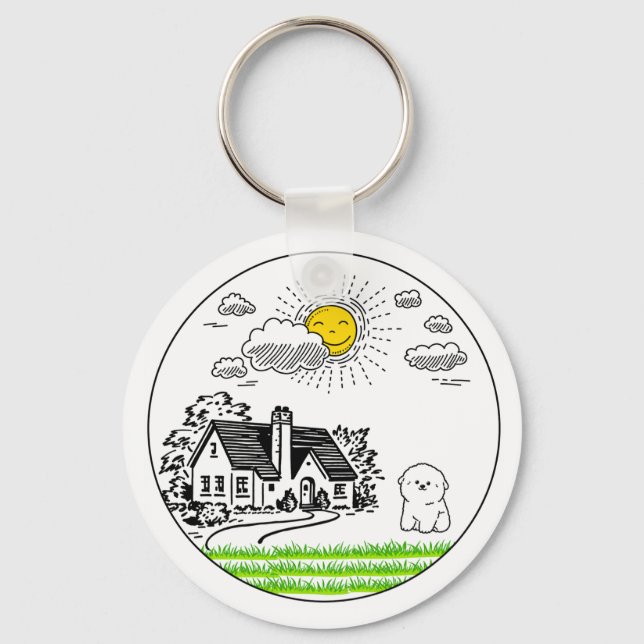 *Cute Cottage & Puppy with Smiling Sun – Circular  Keychain (Front)