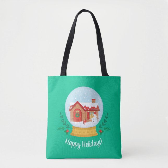 Cute Cottage Snowman Christmas Snow Globe Tote Bag (Front)