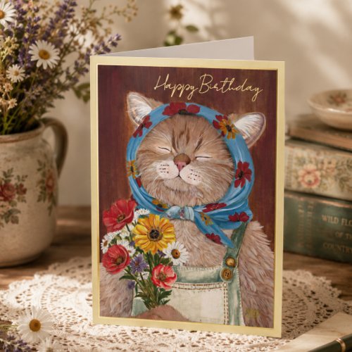 Cute Cottagecore Cat with Flowers Happy Birthday Foil Greeting Card