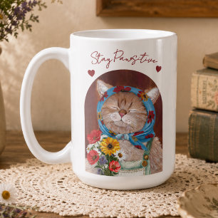 Cute Cottagecore Cat with Flowers Stay Pawsitive Coffee Mug