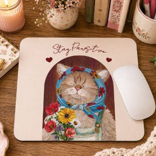 Cute Cottagecore Cat with Flowers Stay Pawsitive Mouse Pad