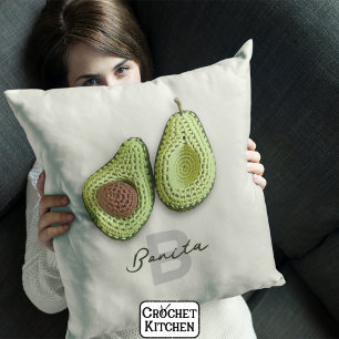 Cute Cottagecore Crochet Avocado Monogram Name Throw Pillow
