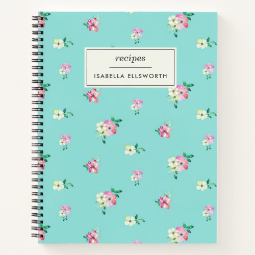 Cute Cottagecore Floral Blue Personalized Recipe Notebook
