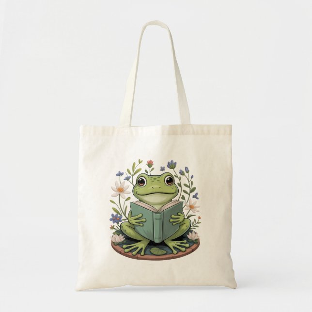 Cute Cottagecore Floral Frog Aesthetic Nature Tote Bag (Front)
