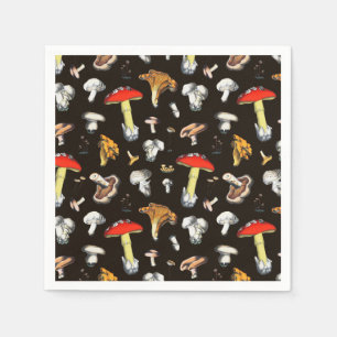 Cute Cottagecore Forest Mushrooms Dark Brown Napkins