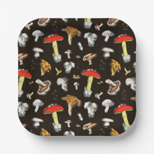 Cute Cottagecore Forest Mushrooms Dark Brown Paper Plates
