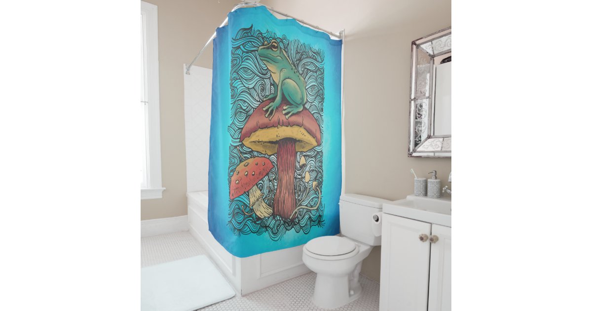 Funny Frog Sitting on Mushroom Shower Curtain Bathroom Decor Fabric