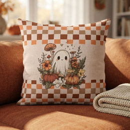 Cute Cottagecore Ghost Fall Halloween Checkerboard Throw Pillow