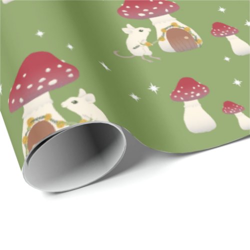 Cute Cottagecore Mouse Red Mushroom House Green Wrapping Paper