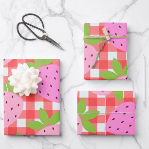 Cute Cottagecore Vintage Strawberry Plaid in Red Wrapping Paper Sheets