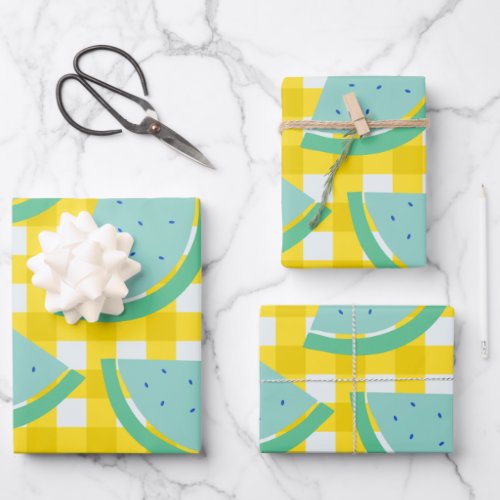 Cute Cottagecore Vintage Watermelon Yellow Plaid Wrapping Paper Sheets