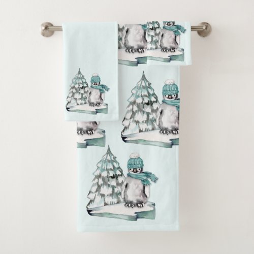 Cute Cotton White Penguin Snow Pine Trees Bath Towel Set