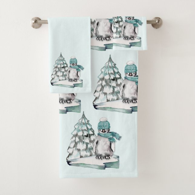 Cute Cotton White Penguin Snow Pine Trees Bath Towel Set (Insitu)