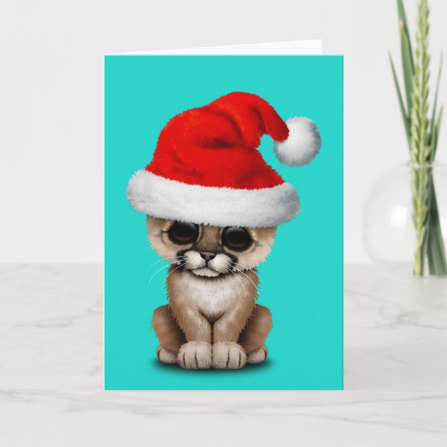 Cute Cougar Cub Wearing a Santa Hat Holiday Card (Front)