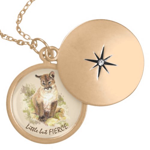 Cute Cougar Mountain Lion Cat Kitten FIERCE QUOTE Gold Plated Necklace