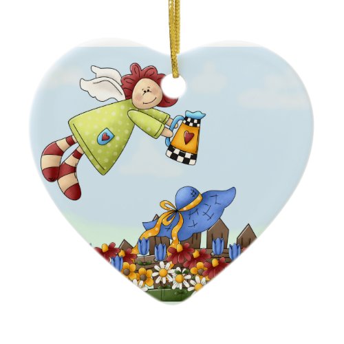 Cute Country Angel Watering Flowers Ceramic Ornament