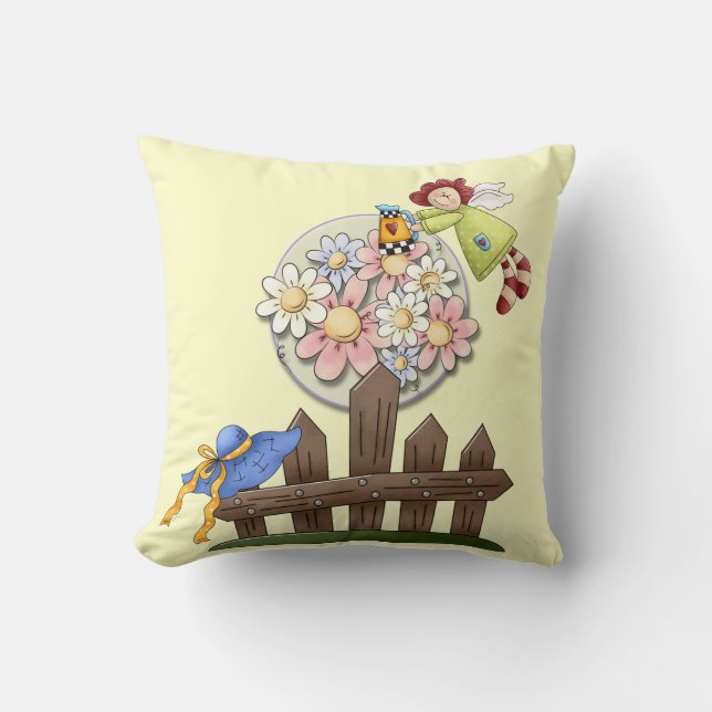Cute Country Angel Watering Flowers Throw Pillow (Front)