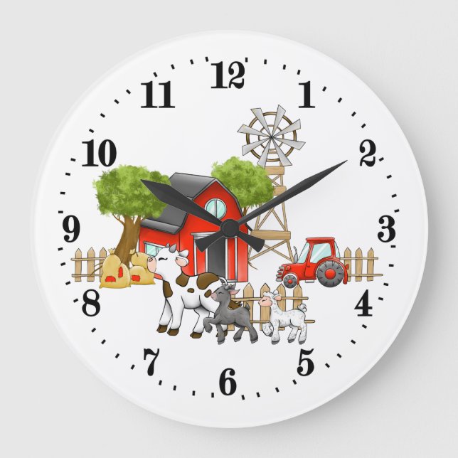 Cute Country barn animals Large Clock (Front)