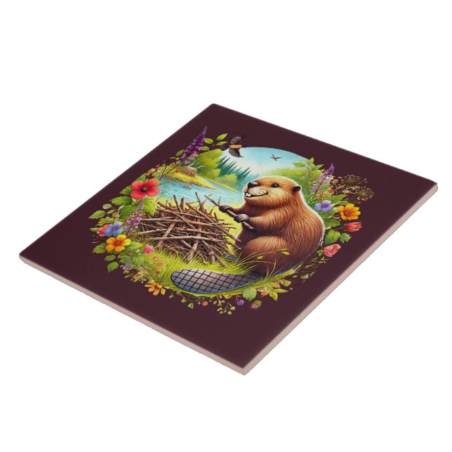 Cute Country beaver crafting home Ceramic Tile (Side)