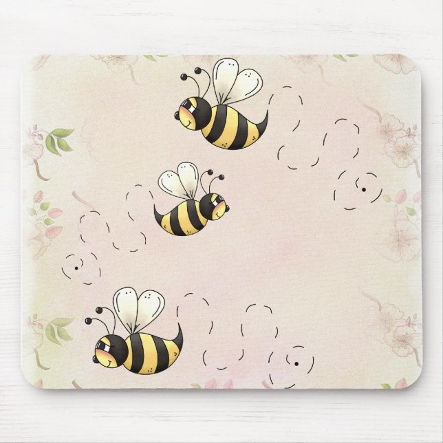 Cute Country Bees and Pink Roses Mouse Pad (Front)