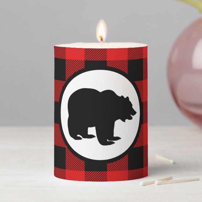 cute Country black bear buffalo plaid Pillar Candle (In Situ)