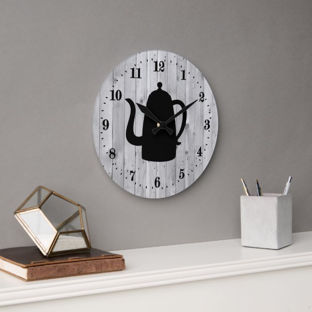 cute Country coffee pot word art Large Clock (Office)