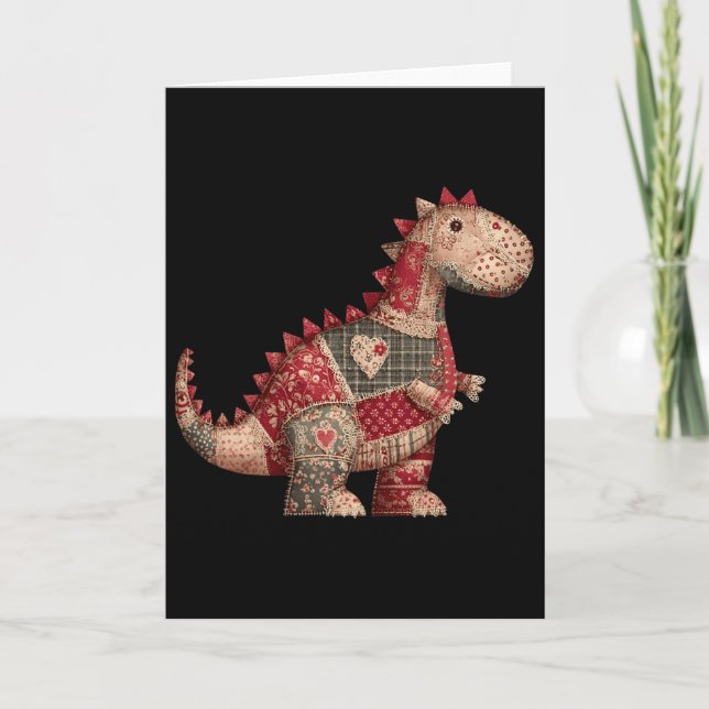 Cute Country Dinosaur Patchwork Hearts Valentine  Card (Front)