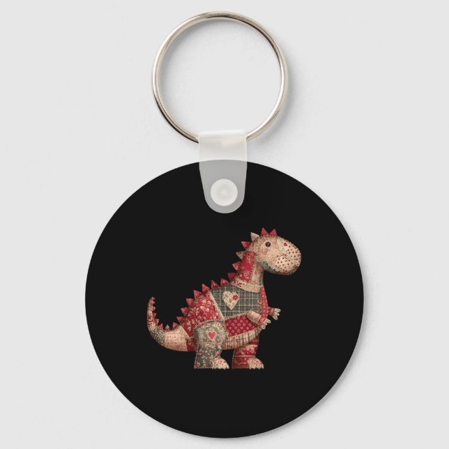 Cute Country Dinosaur Patchwork Hearts Valentine  Keychain (Front)