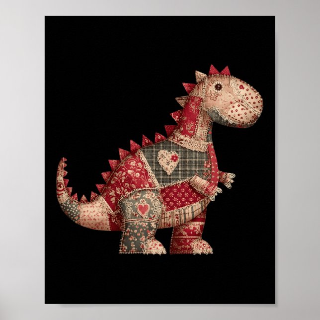 Cute Country Dinosaur Patchwork Hearts Valentine  Poster (Front)