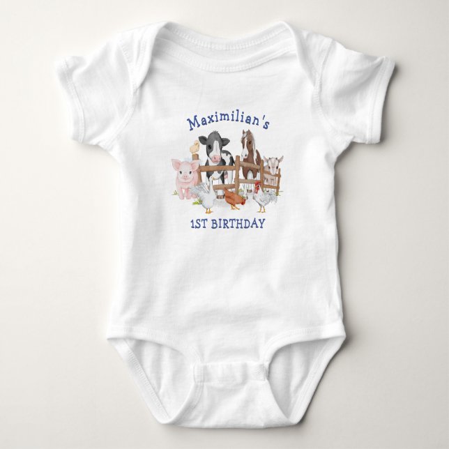 Cute Country Farm Animals 1st Birthday Baby Bodysuit (Front)