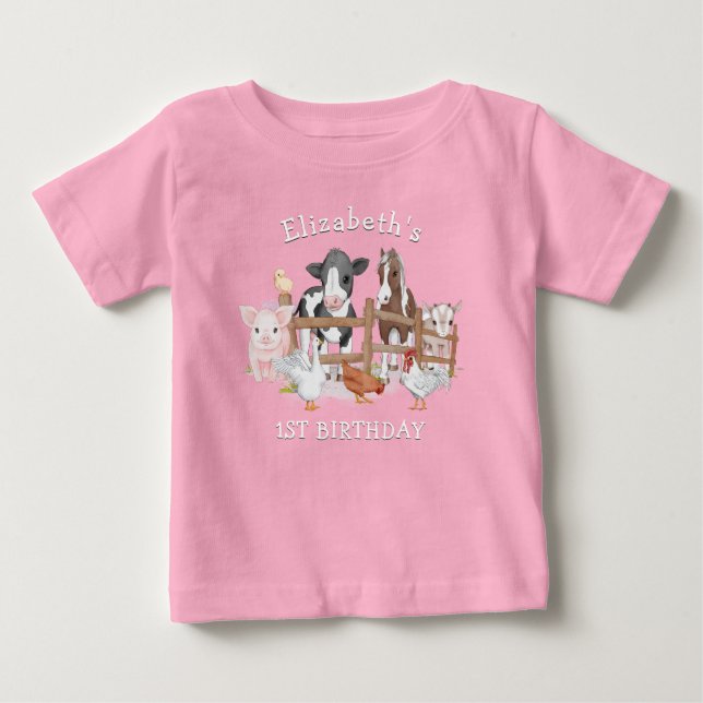 Cute Country Farm Animals 1st Birthday  Baby T-Shirt (Front)