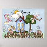 Cute Country Folk Art Picture Poster<br><div class="desc">Cute folk art of a little house,  picket fence,  flowers and dragonflies created by Trina Clark digiscrapkits.com. Layout design by Visages</div>