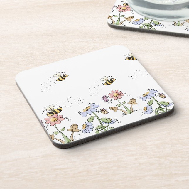 Cute Country Folk Flowers Mushrooms and Butterfles Beverage Coaster (Left Side)