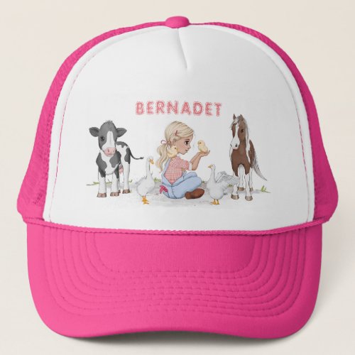 Cute Country Girl and Farm Animals Trucker Hat