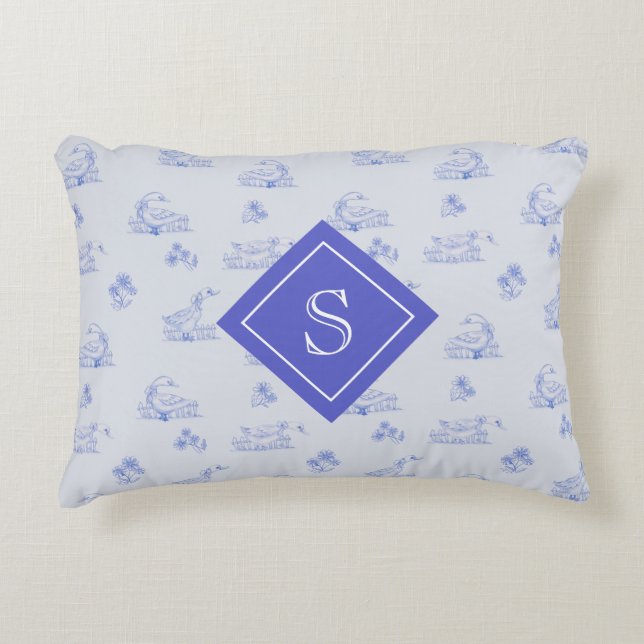 Cute Country Goose Toile Pattern Monogram Accent Pillow (Front)