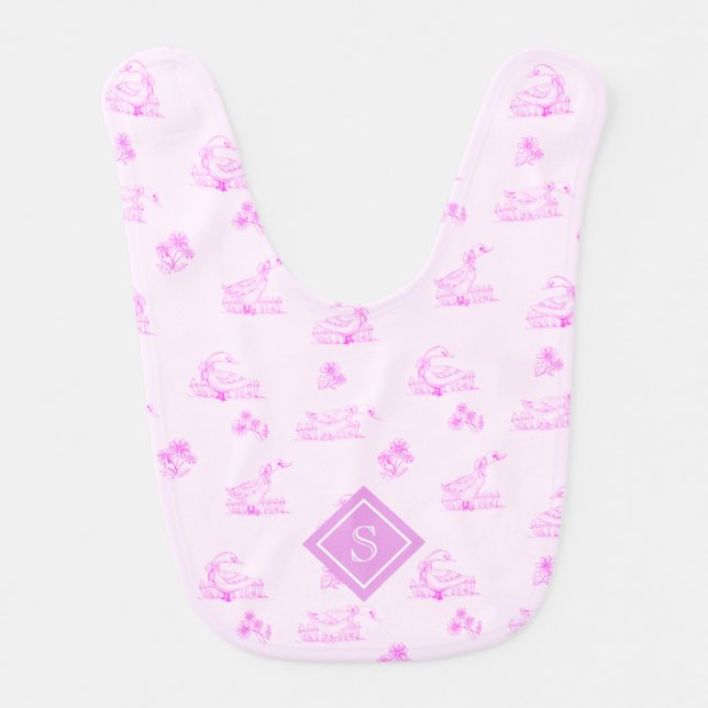 Cute Country Goose Toile Pattern Monogram Baby Bib (Front)