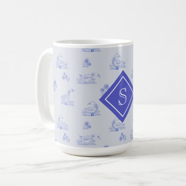Cute Country Goose Toile Pattern Monogram Coffee Mug (Front Left)