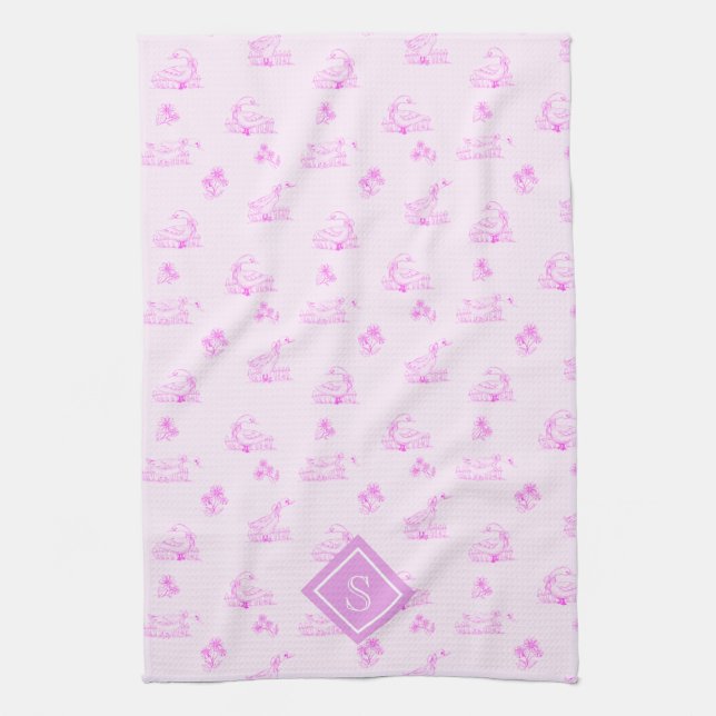Cute Country Goose Toile Pattern Monogram Kitchen Towel (Vertical)