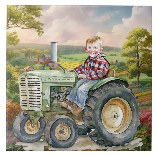cute Country kid tractor Ceramic Tile (Front)