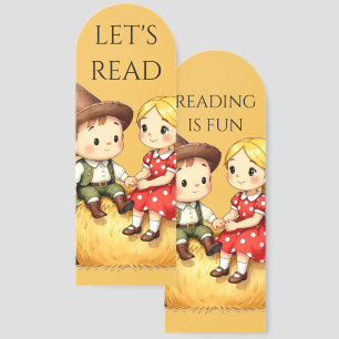 Cute Country Kids on Hay Bale – Rustic Cartoon Art Bookmarks