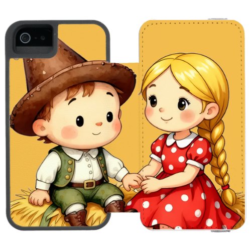 Cute Country Kids on Hay Bale – Rustic Cartoon Art iPhone SE/5/5s Wallet Case
