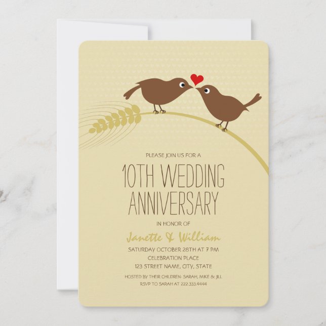 Cute Country Love Birds 10th Wedding Anniversary Invitation (Front)