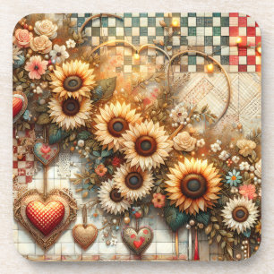 Cute Country Patchwork With Sunflowers Beverage Coaster