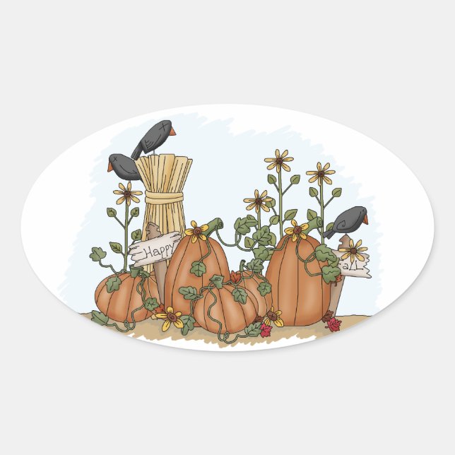 Cute Country Pumpkins and Crows Fall  Illustration Oval Sticker (Front)